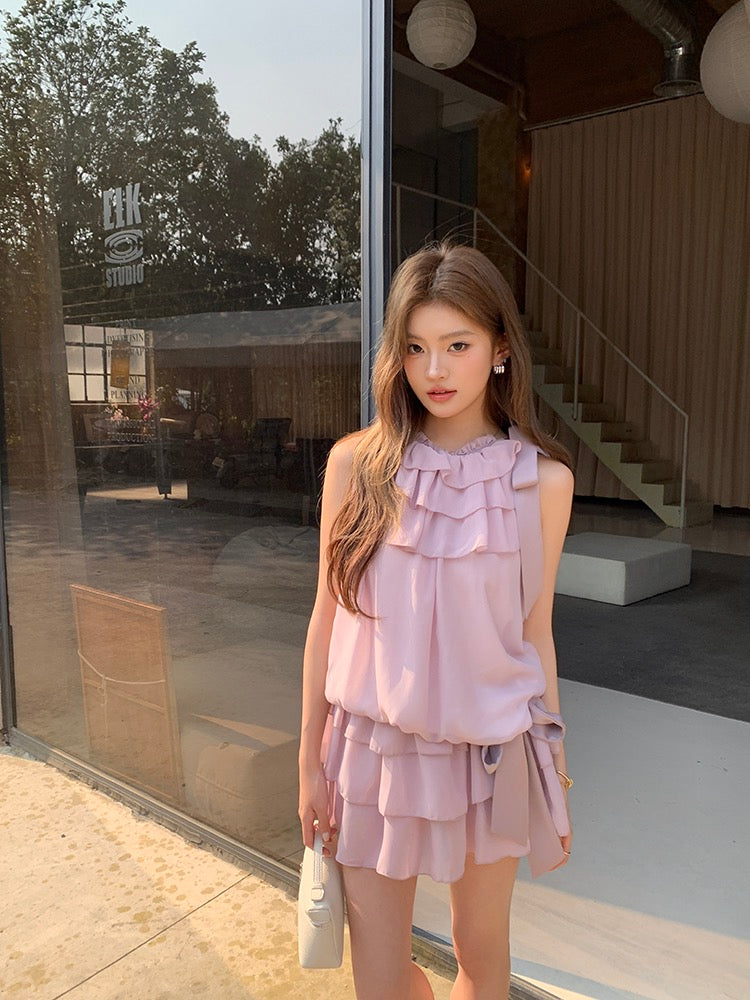 Tie-Strap Tank Top + Flowing Ribbon Skirt Set