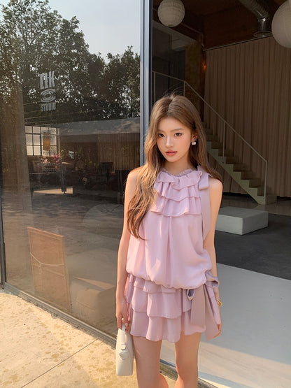 Tie-Strap Tank Top + Flowing Ribbon Skirt Set