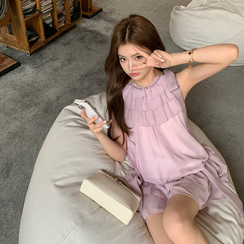 Tie-Strap Tank Top + Flowing Ribbon Skirt Set