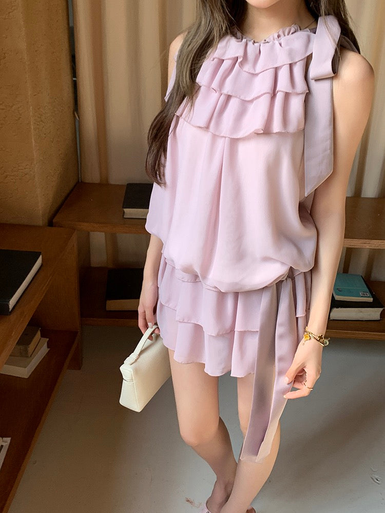 Tie-Strap Tank Top + Flowing Ribbon Skirt Set