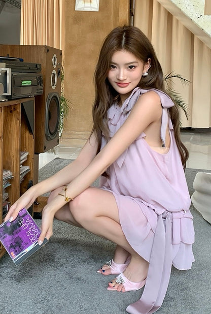 Tie-Strap Tank Top + Flowing Ribbon Skirt Set