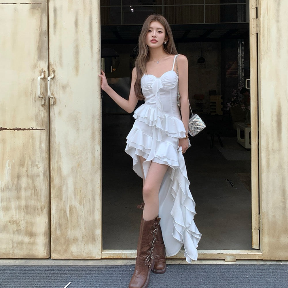不規則荷葉邊吊帶裙