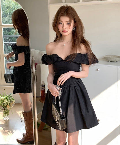 法式一字肩蓬蓬連身裙