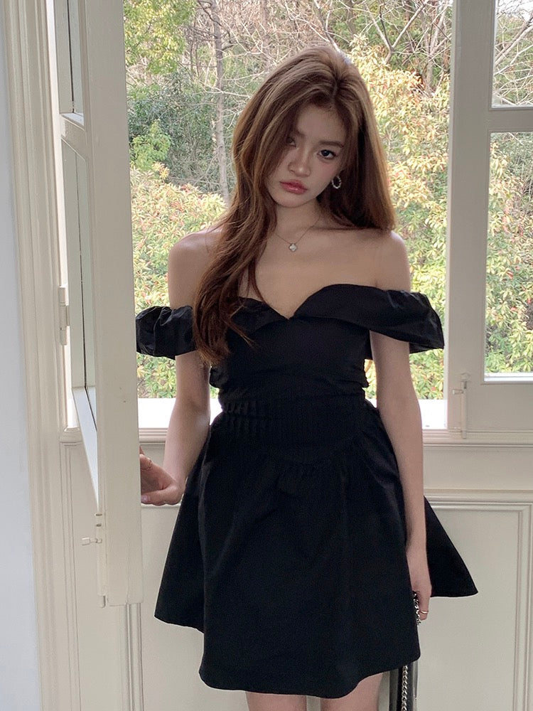 法式一字肩蓬蓬連身裙