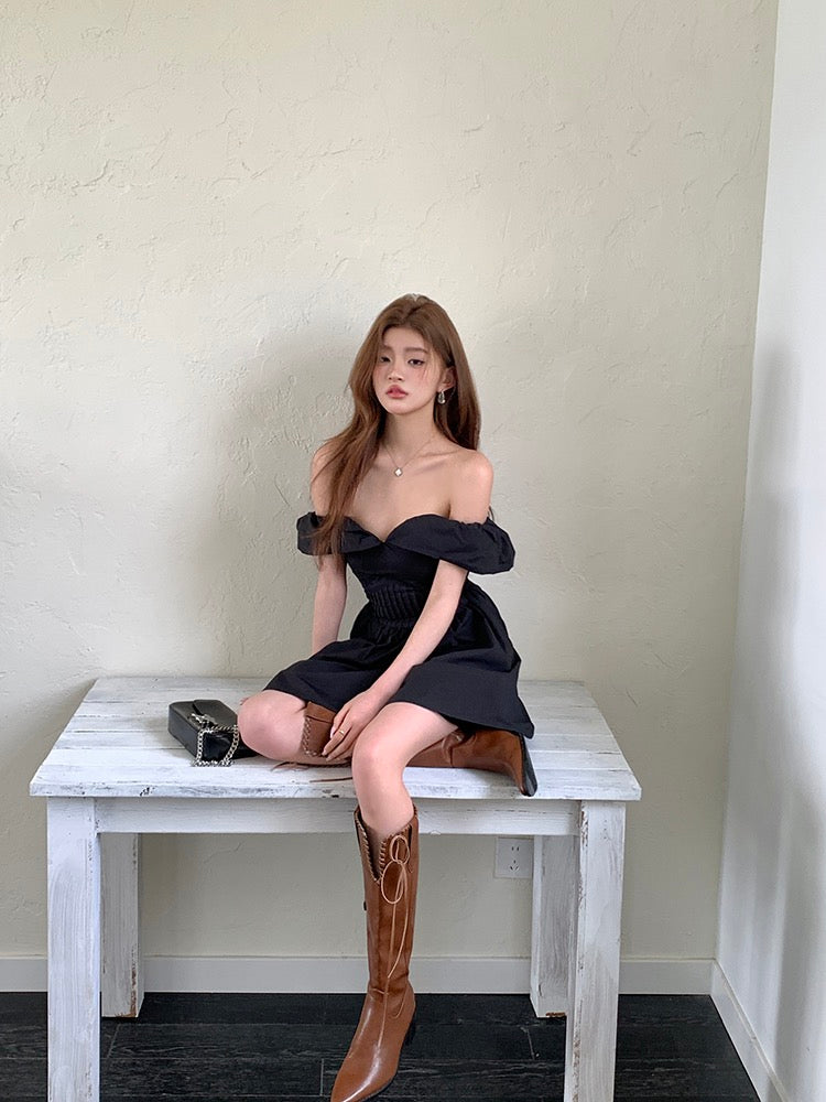 法式一字肩蓬蓬連身裙