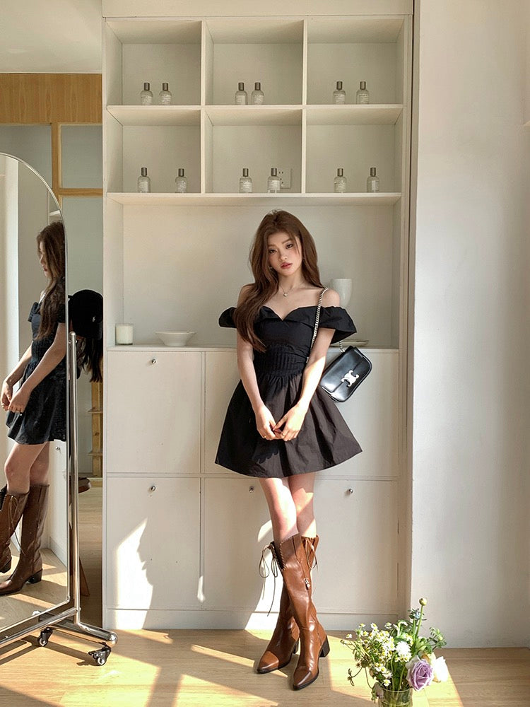 法式一字肩蓬蓬連身裙