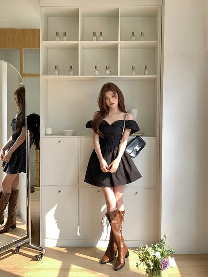 法式一字肩蓬蓬連身裙