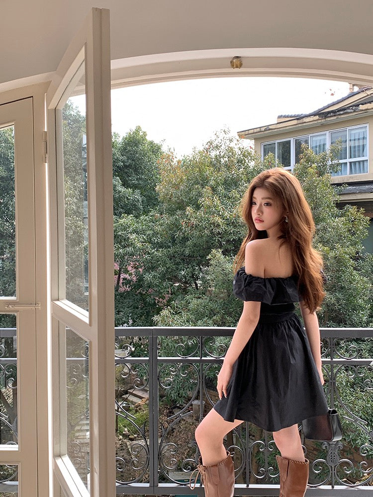 法式一字肩蓬蓬連身裙