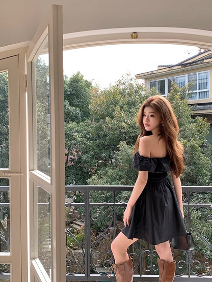 法式一字肩蓬蓬連身裙