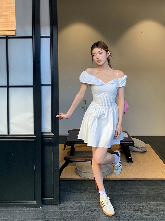 法式一字肩蓬蓬連身裙