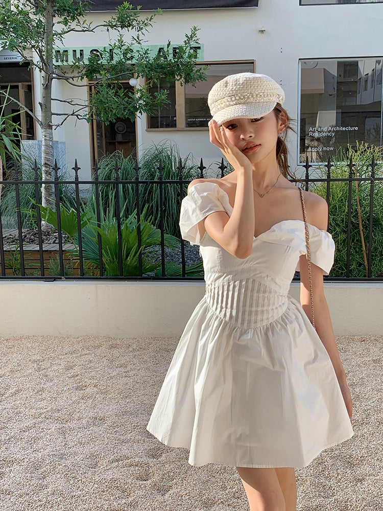 法式一字肩蓬蓬連身裙