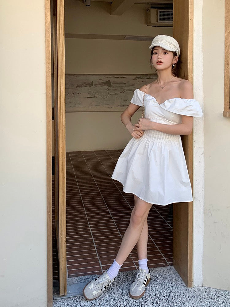 法式一字肩蓬蓬連身裙