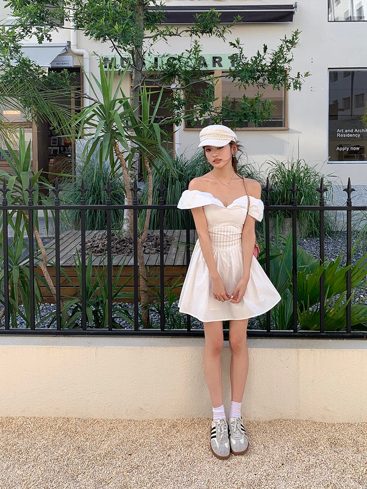 法式一字肩蓬蓬連身裙