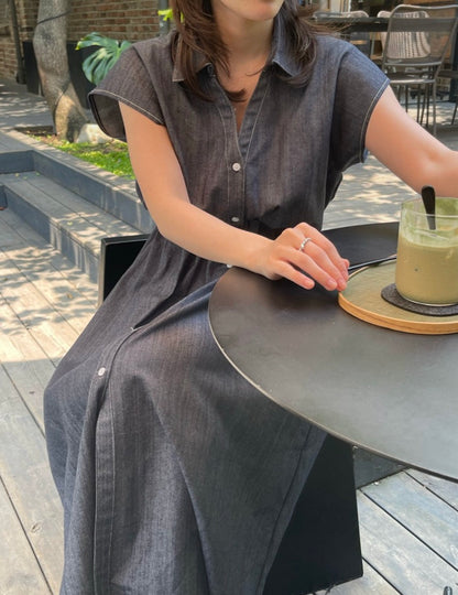 翻領掐腰連身裙