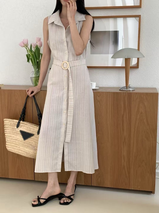 無袖單排扣條紋連身裙