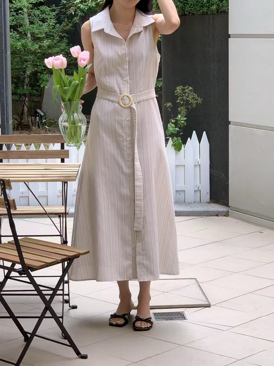 無袖單排扣條紋連身裙