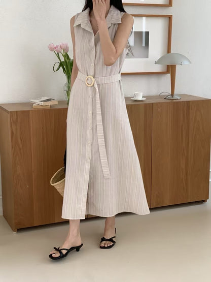 無袖單排扣條紋連身裙