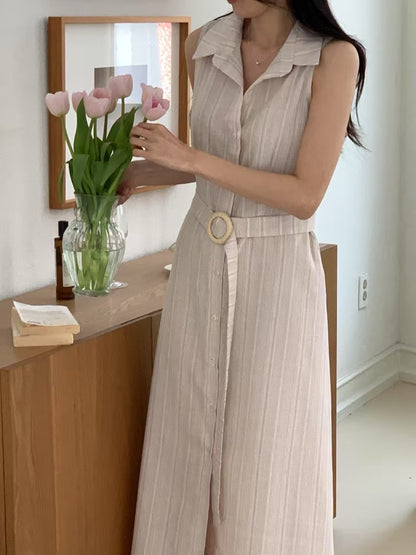 無袖單排扣條紋連身裙