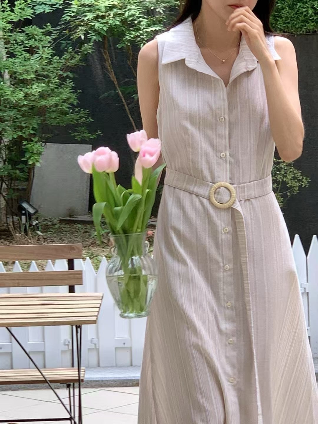 無袖單排扣條紋連身裙