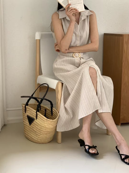 無袖單排扣條紋連身裙