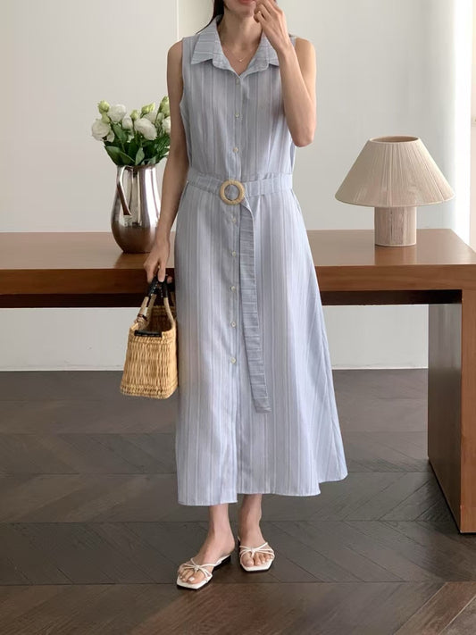 無袖單排扣條紋連身裙