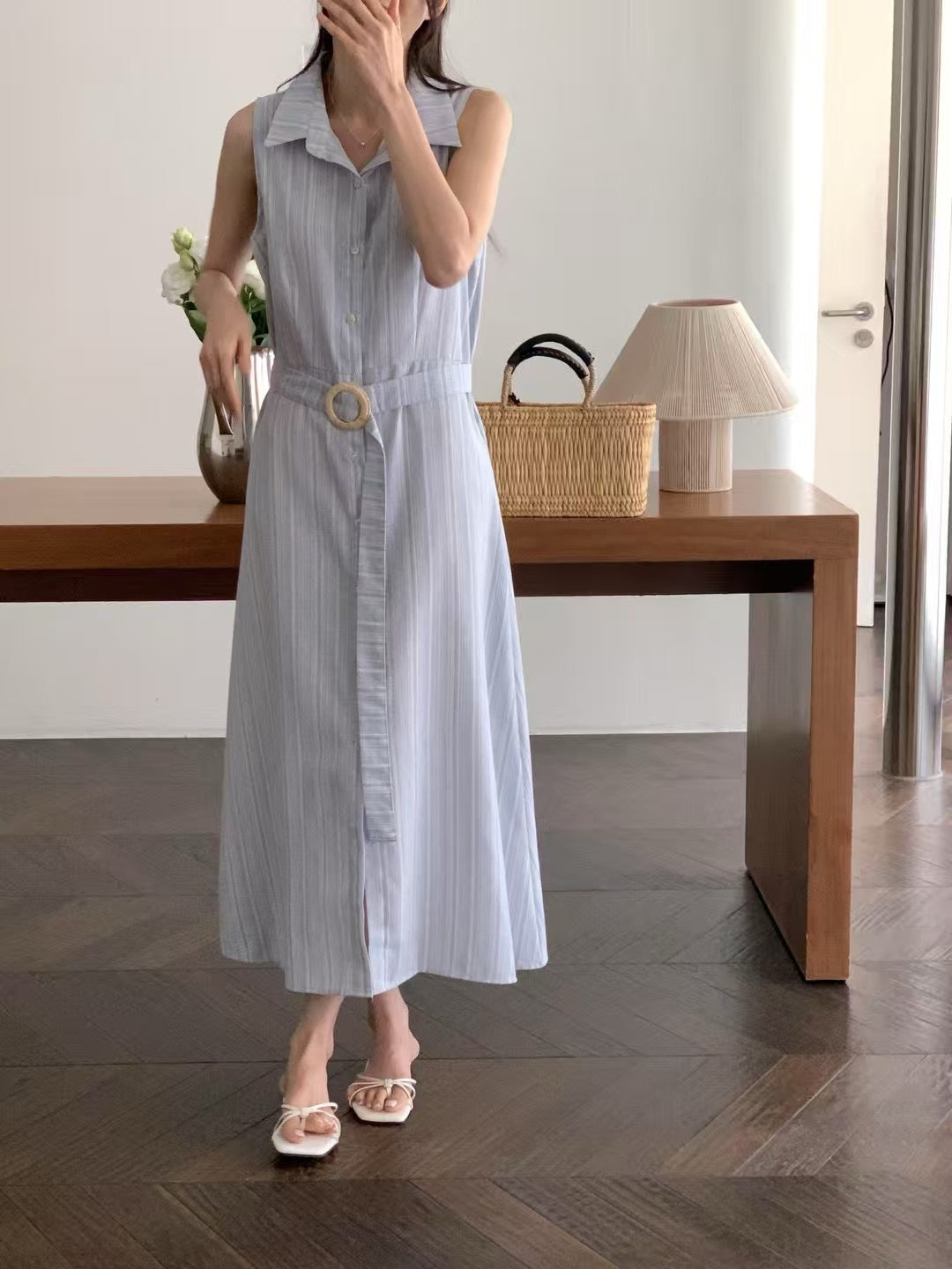 無袖單排扣條紋連身裙