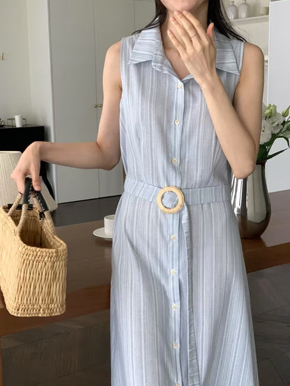 無袖單排扣條紋連身裙