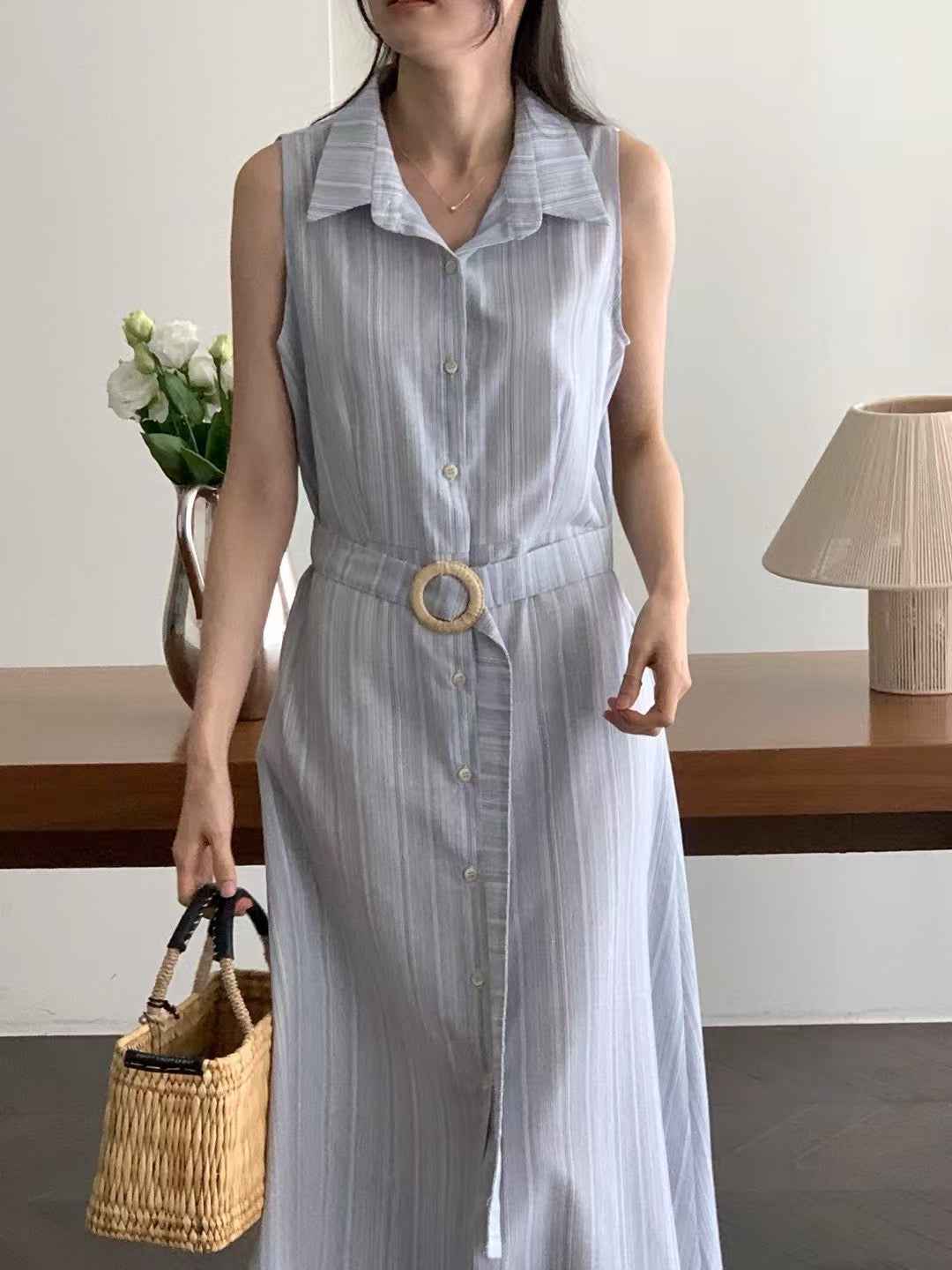 無袖單排扣條紋連身裙
