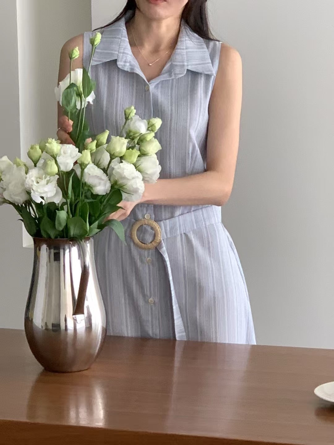 無袖單排扣條紋連身裙