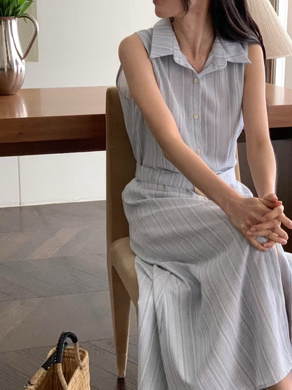 無袖單排扣條紋連身裙
