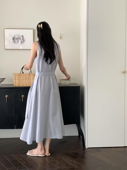 無袖單排扣條紋連身裙