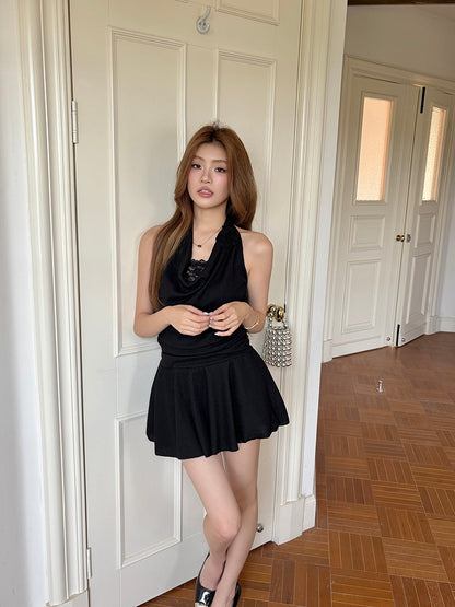 性感假兩件蕾絲掛脖連身裙