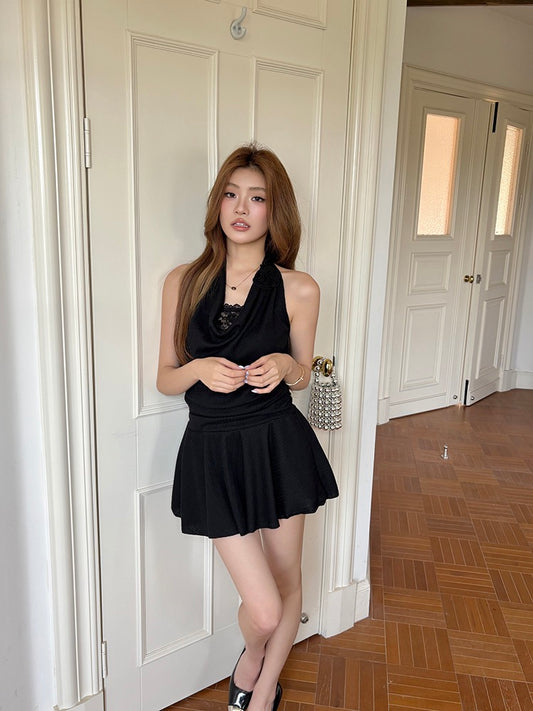 性感假兩件蕾絲掛脖連身裙