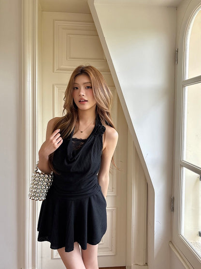 性感假兩件蕾絲掛脖連身裙