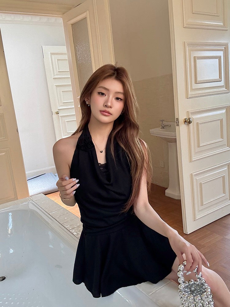 性感假兩件蕾絲掛脖連身裙