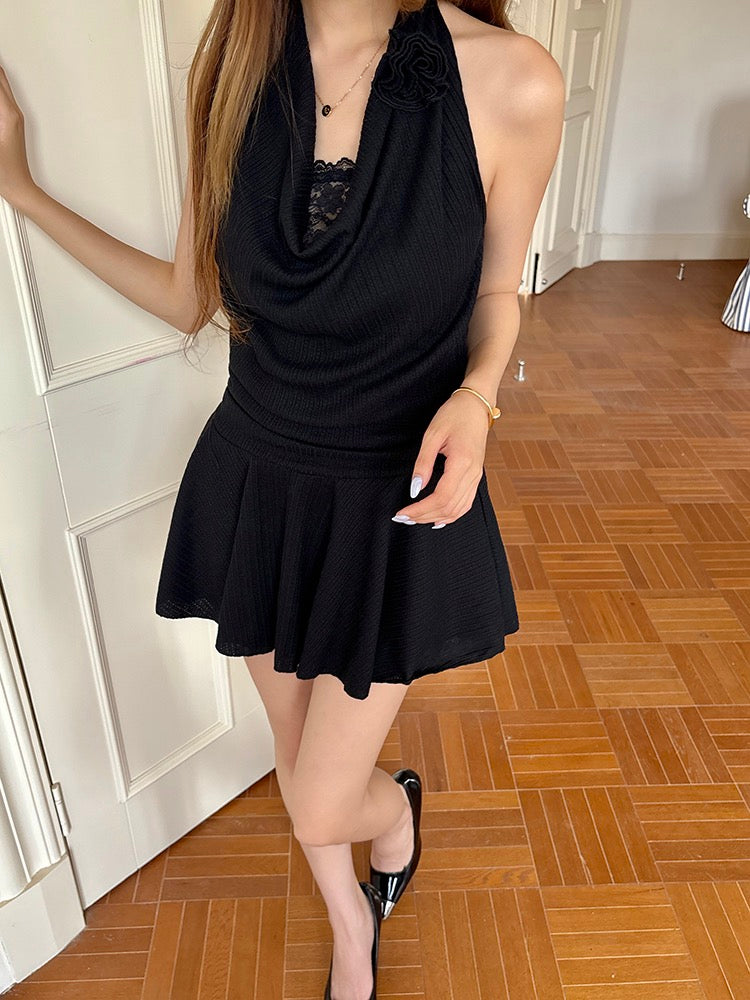 性感假兩件蕾絲掛脖連身裙