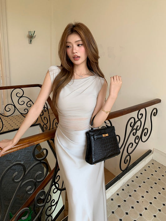 網紗緞面拼接鏤空修身連身裙