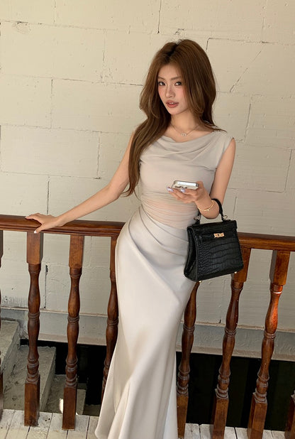 網紗緞面拼接鏤空修身連身裙