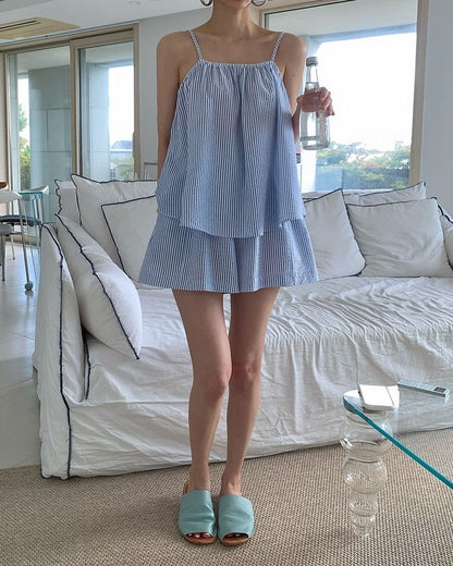 Loose Striped Tank Top + High-Waisted Wide-Leg Culottes Set