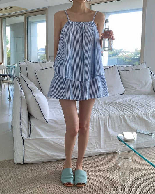 Loose Striped Tank Top + High-Waisted Wide-Leg Culottes Set