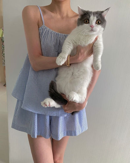 Loose Striped Tank Top + High-Waisted Wide-Leg Culottes Set