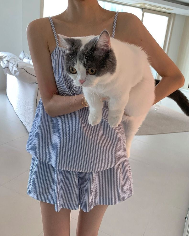 Loose Striped Tank Top + High-Waisted Wide-Leg Culottes Set