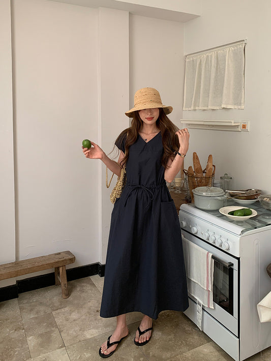 系帶收腰寬鬆大口袋連身裙