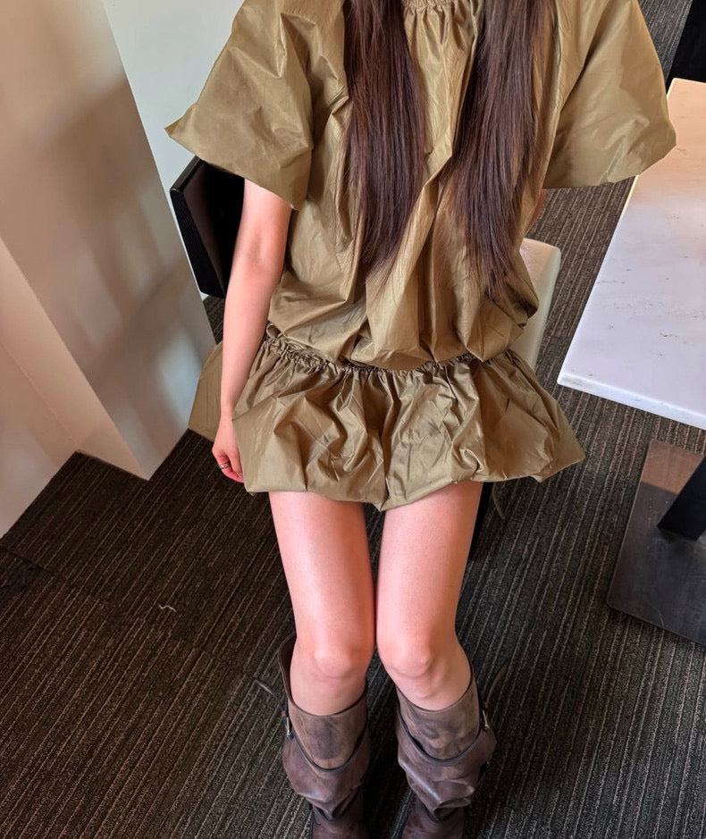 円襟ドローストリングタイバルーンスカート