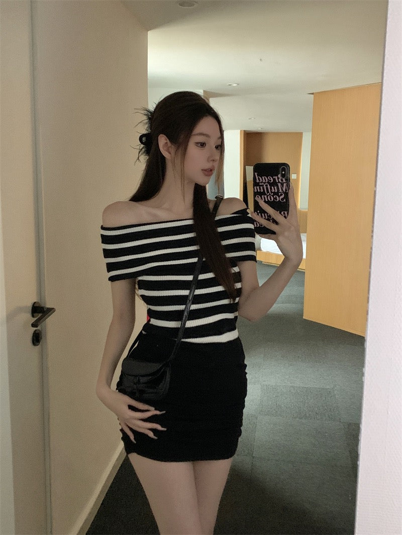 條紋一字肩針織top