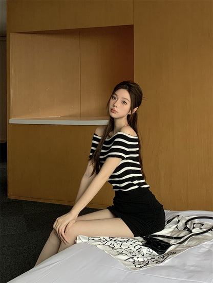 條紋一字肩針織top