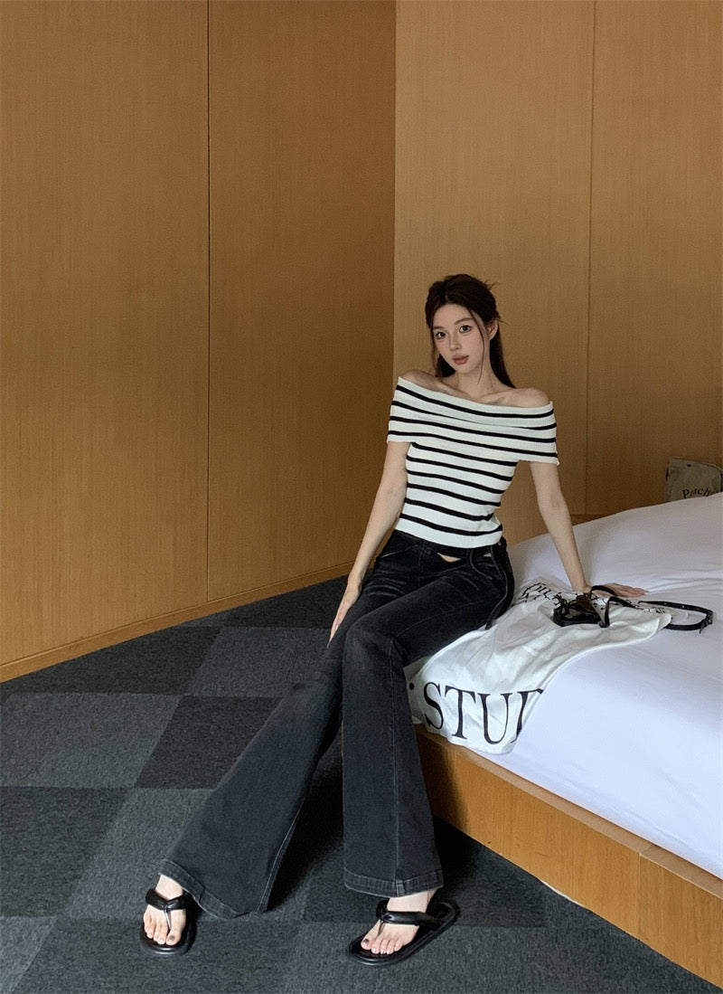 條紋一字肩針織top