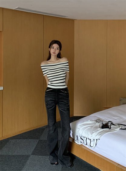 條紋一字肩針織top