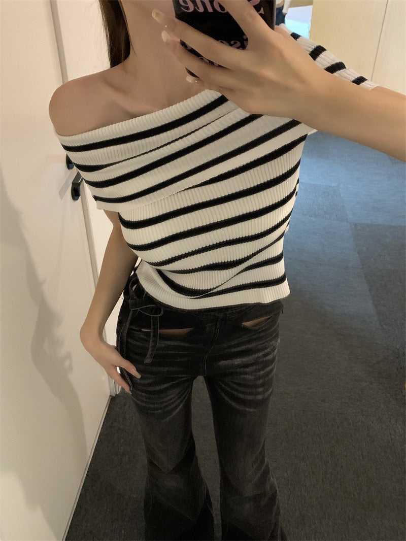 條紋一字肩針織top