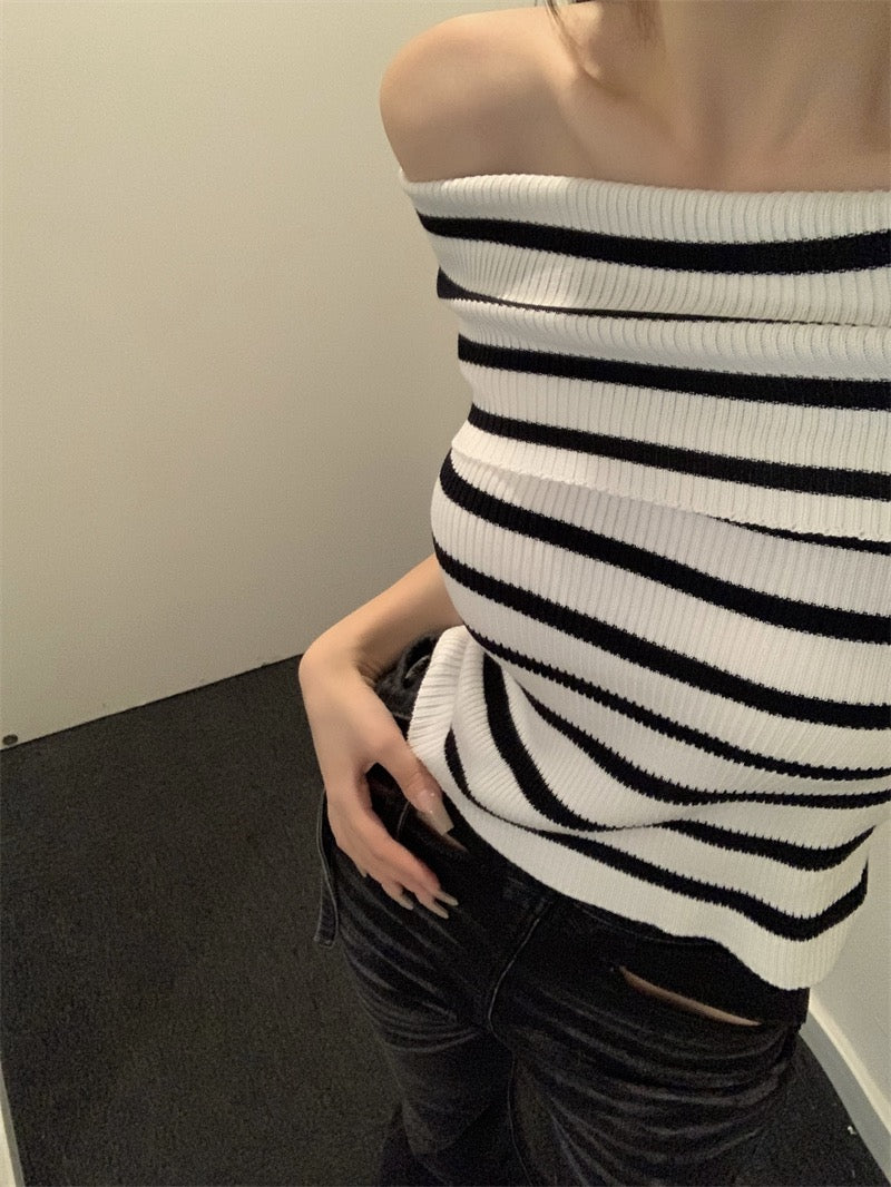 條紋一字肩針織top